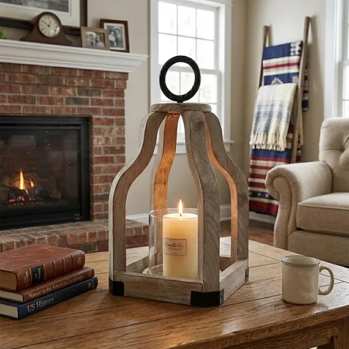 Vista 7 de SWALLOWLIVING Farol Huracán de Madera Rústica de Granja de 13" con Portavelas de Vidrio para Patio, Centro de Mesa, Lavado en Blanco