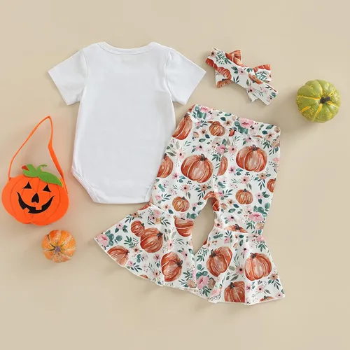 Vista 7 de Lamuusaa Traje de Halloween para bebé recién nacida, disfraz de calabaza de manga corta, enterizo con pantalones acampanados, diadema y disfraces