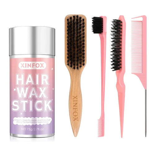 Vista 8 de Barra de cera para el cabello, cepillo liso para cabello, cera en barra para cabello suelto, set de herramientas de peinado con peine de cola de 4