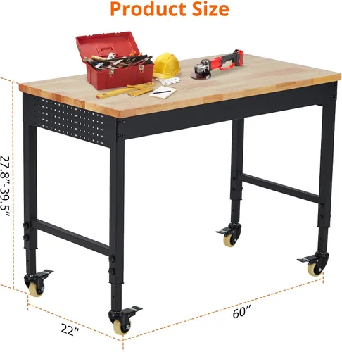 Vista 2 de 60"x22" Heavy Duty Adjustable Rolling Workbench with Power Outlets, Rubberwood Tabletop & 2000 LBS Capacity - Work Table for Garage Workshop with