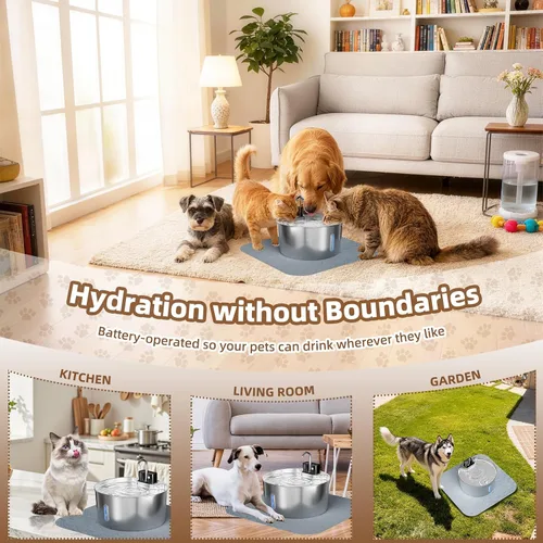 Vista 2 de Fuente de agua inalámbrica de acero inoxidable para perros grandes, dispensador de agua para gatos de 7 L/236 onzas, fuente automática de múltiples