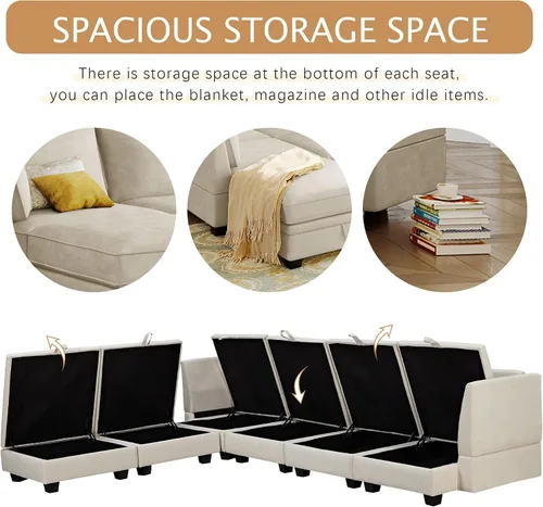 Vista 6 de Divertido y moderno sofá modular grande en forma de U como Lego, juego de sofá tapizado con otomana extraíble y asiento de almacenamiento, sofá cama