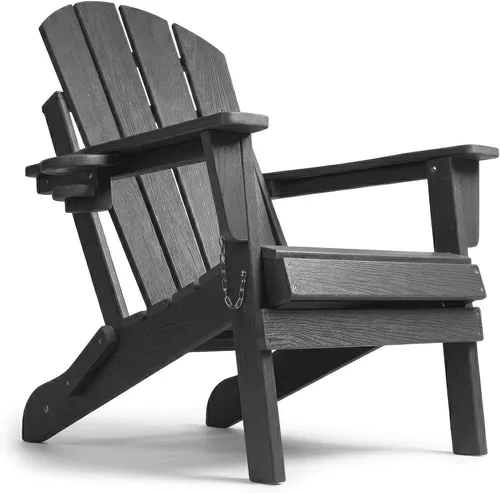 Vista 12 de Silla Adirondack plegable de HDPE, silla de patio al aire libre con soporte para tazas, silla de césped de grano de madera resistente a