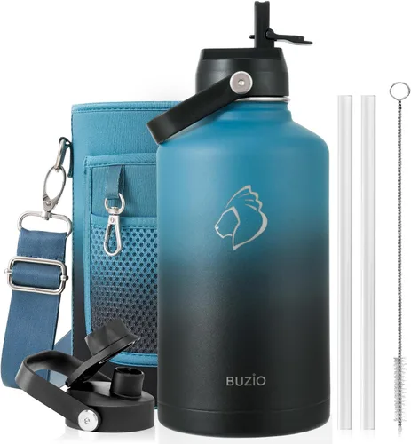 Vista 118 de BUZIO Botella de agua aislada de 24 oz, frasco de agua de boca ancha de acero inoxidable con tapa de pajita, frío durante 48 horas a prueba de Negro