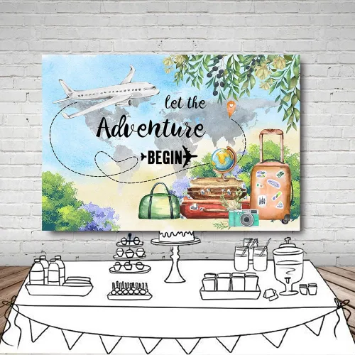 Vista 4 de MEHOFOND Let The Adventure Begin - Telón de fondo para baby shower, viaje, cumpleaños, graduación, fiesta de jubilación, pancarta de avión