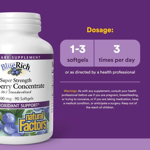 Vista 3 de BlueRich by Natural Factors, concentrado de arándanos súper fuerte, apoyo antioxidante para una buena salud general, 90 cápsulas blandas