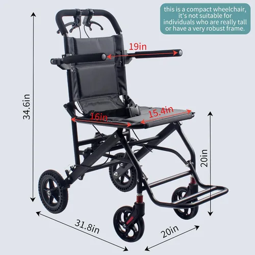 Vista 2 de Silla de ruedas de transporte portátil compacta y ultraligera, sillas de ruedas de viaje plegables con freno de mano para adultos y personas mayores