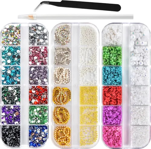 Vista 7 de 3 cajas de 6600 piezas de diamantes de imitación para arte de uñas, perlas semicirculares, gemas multicolor para uñas AB con parte trasera plana