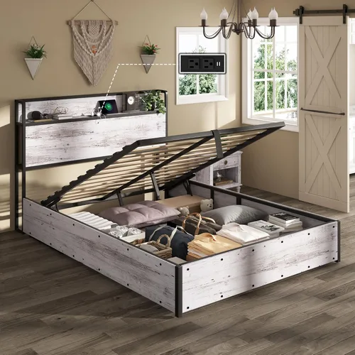 Vista 14 de AMERLIFE Marco de Cama de Almacenamiento Elevable Tamaño Completo, Marco de Cama de Plataforma de Madera con Almacenamiento Elevable y Estación