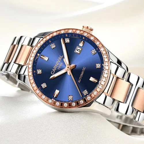 Vista 4 de Reloj mecánico automático de diamantes para mujer, acero inoxidable, zafiro impermeable, elegante reloj azul, Mecánico, cuerda automática