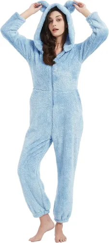 Vista 4 de COZYPOIN Pijama con capucha de forro polar para mujer, con cremallera, ropa de dormir con orejas