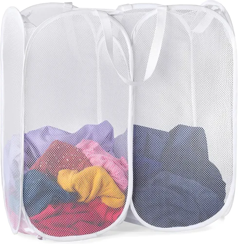 Vista 9 de Handy Laundry - Cesta desplegable doble para lavandería, cesta de malla de 2 secciones, color negro