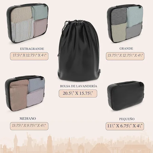Vista 4 de Shacke Juego de 5 cubos de embalaje para viajes con bolsa de lavandería Juego de 5 - Air Black