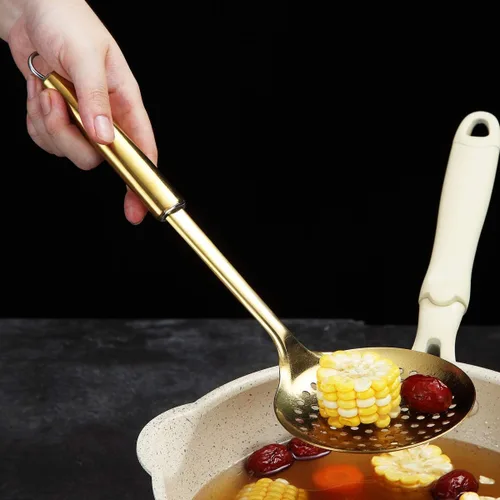 Vista 7 de Berglander Espumador, Colador de Acero Inoxidable Dorado, Cocina Dorada con Chapado de Titanio, Cucharas Ranuradas, Para Cocina, Colador de Metal