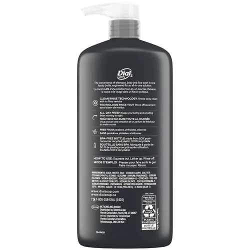 Vista 6 de Dial Lavado corporal 3 en 1 para hombre, cabello y cara, recarga, 23 onzas líquidas, paquete de 3 Total 69 Fl Oz, clean rinse technology