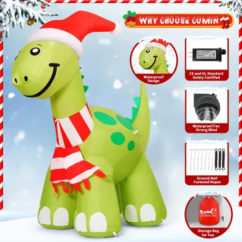 Vista 6 de COMIN Inflables de Navidad de 6.2 pies para decoración al aire libre, dinosaurio inflable con LED integrados para Navidad, interiores y exteriores