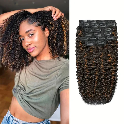 Vista 15 de Extensiones de cabello rizado kinky con clip para mujeres negras 14 pulgadas 2# marrón oscuro extensiones de cabello rizado con clip cabello humano