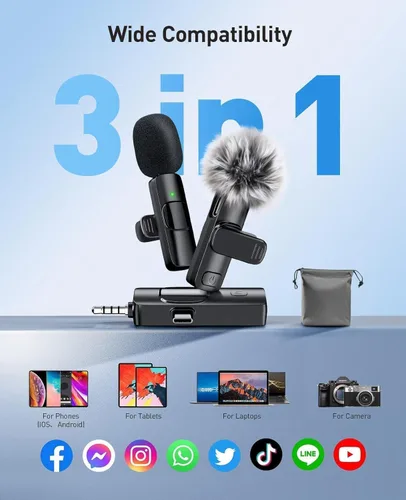 Vista 9 de MENERESAS Mini micrófono 3 en 1 para iPhone: Micrófonos Lavalier inalámbricos para iOS/Android/Cámara - Micrófono de solapa con reducción de ruido