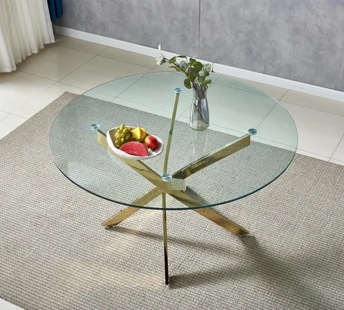 Vista 3 de Juego de 4 mesas de comedor pequeñas de 36 pulgadas, mesa de comedor redonda de vidrio templado y 4 sillas de comedor de terciopelo beige, juego
