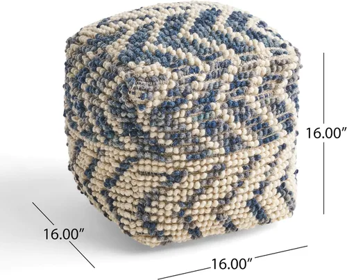Vista 3 de GDFStudio Taburete otomano de lana y algodón estilo bohemio – Puf – Silla de pie – Sofá reposapiés para sala de estar, dormitorio, blanco y azul