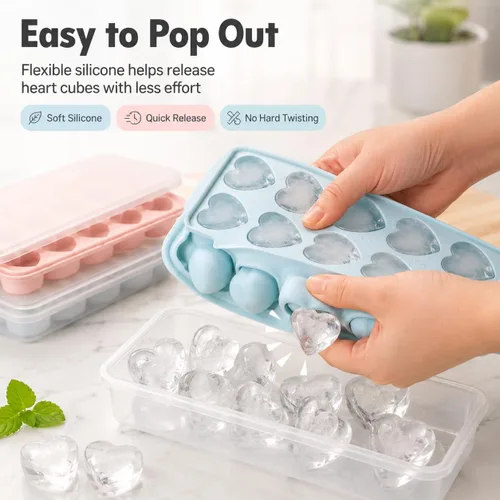 Vista 6 de 2 paquetes de bandejas para cubitos de hielo en forma de corazón con tapas y compartimentos, moldes de hielo con caja de almacenamiento de hielo, 48