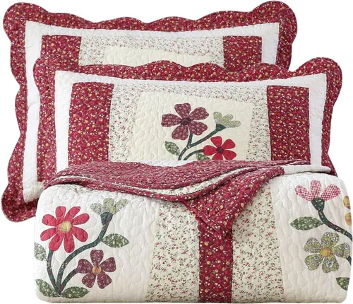 Vista 12 de vctops Juego de edredón acolchado de algodón navideño de 3 piezas (pájaros, Queen extragrande) Juego de ropa de cama de retazos con diseño