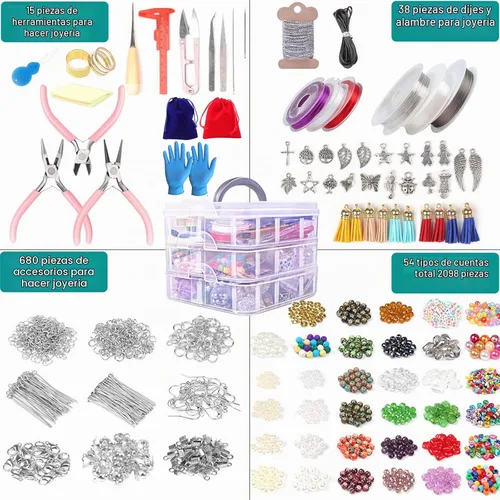 Vista 2 de YUGDRUZY Kit de suministros para hacer joyas, 2831 piezas, kit de fabricación de pulseras, herramienta de reparación con alicates de joyería 2-Plata