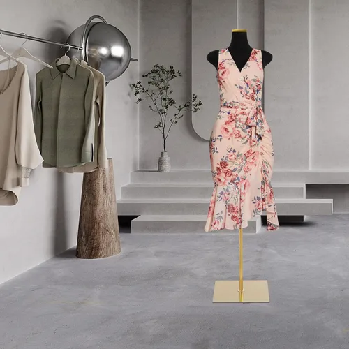 Vista 7 de Forma de vestido de maniquí femenino con base de metal dorado, formas de vestido de moda para mujer, tela de gamuza, modelo de maniquí femenino