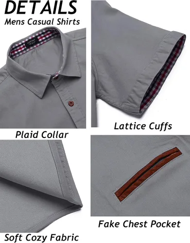 Vista 5 de COOFANDY Camisa casual de algodón de manga corta con botones y cuello a cuadros para hombre