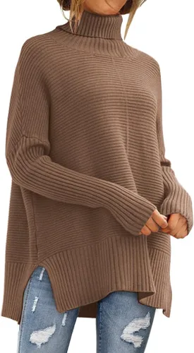 Vista 7 de EFAN Suéteres de cuello alto holgados para mujer, de manga larga, para invierno 2025, moda tendencia, de punto, túnica, atuendos de otoño Albaricoque