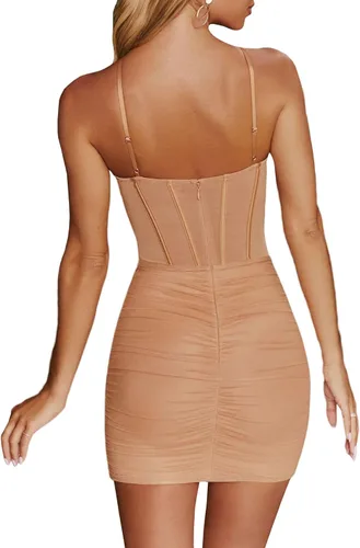 Vista 2 de Sexyshine Vestido de malla bodycon sin mangas para mujer, sexy, espalda descubierta, cruzado, corsé fruncido, fiesta, club, mini vestidos