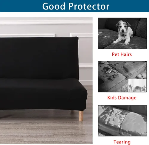 Vista 4 de WOMACO Funda Elástica para Futón Fundas para Sofá Cama Tamaño Full Twin Queen Negro Sin Brazos Protector de Sofá Loveseat con Fondo Elástico