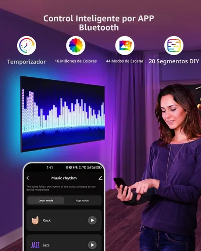 Vista 7 de Tira de luces LED RGB+IC, luz LED Bluetooth inteligente para dormitorio, tiras LED que cambian de color con 44 modos de escena (6.6 pies)