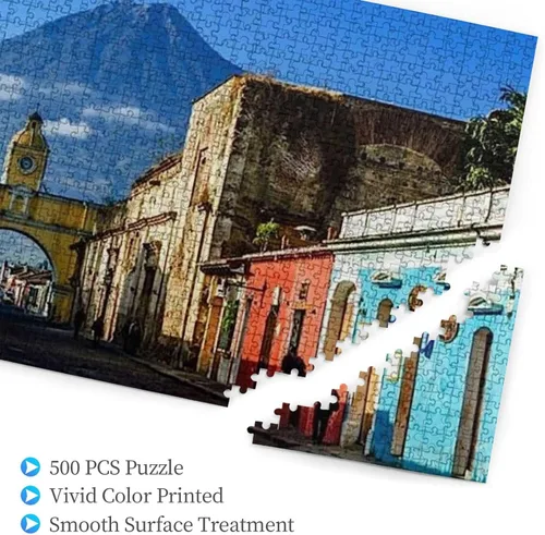 Vista 3 de Famoso rompecabezas de 500 piezas con vista de arco y volcán de Antigua Guatemala, juego de rompecabezas desafiante y estimulante, arte de pared