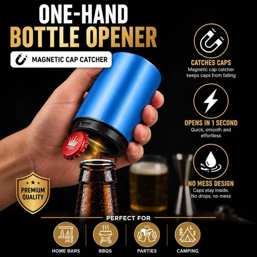 Vista 7 de GOCHA Abridor magnético de botellas de cerveza con receptor automático de tapa – Dispositivo de empuje de acero inoxidable, herramienta de barra