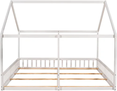 Vista 5 de MERITLINE Marco de cama doble para niños, 2 camas de plataforma de madera tamaño individual con valla, dos camas compartidas con techo, cama