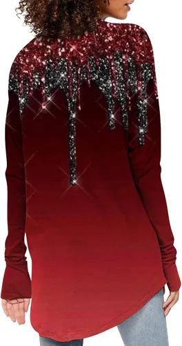 Vista 3 de Camisetas de manga larga para mujer, con cuello redondo, estampado de pulgar, para ocultar el vientre