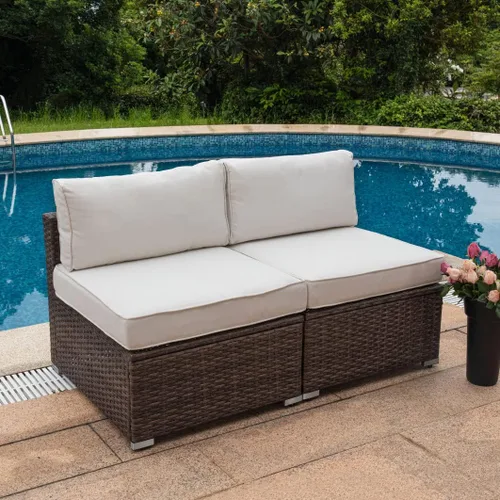 Vista 8 de COSIEST Juego de 2 sillas complementarias sin brazos para muebles de exterior para expandir sofá seccional de mimbre marrón chocolate con cojines