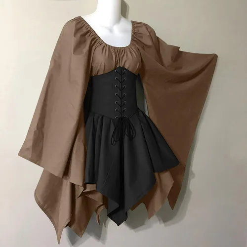 Vista 2 de QSXLTS Vestido medieval renacentista para mujer, manga de mariposa, steampunk, gótico, disfraz de Halloween, vestido victoriano, vestidos de baile