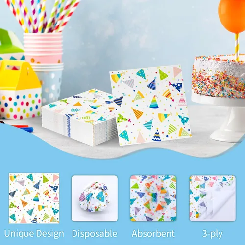 Vista 4 de DYLIVeS Servilletas de cumpleaños, 50 unidades, sombreros de cumpleaños, servilletas de papel de 3 capas desechables para adultos y niños