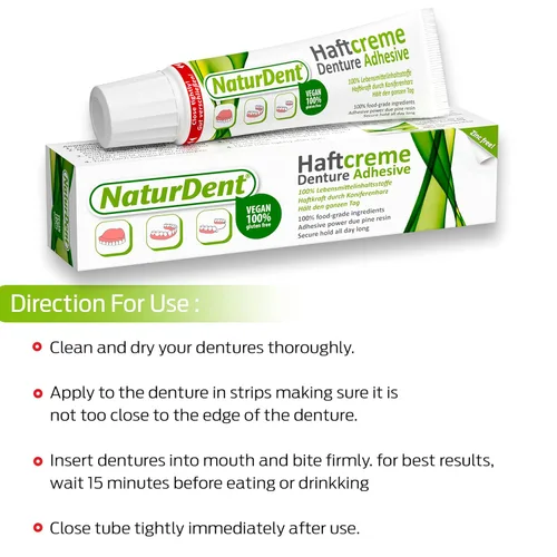 Vista 4 de NaturDent adhesivo natural fuerte para dentaduras postizas que mantiene las dentaduras más largas y más fuertes, sin zinc, sin petroquímica, sin
