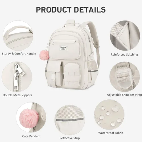 Vista 9 de WINDARS Mochila escolar para adolescentes y niñas, bonita mochila para laptop para mujeres y estudiantes, bolsas de escuela secundaria, bolsa Beige