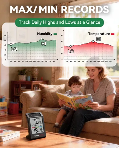 Vista 7 de BALDR Indoor Thermometer Hygrometer, Solar Power with Battery Backup, Large Display, Daily Max/Min & Comfort Indicator Humidity Meter（Black）