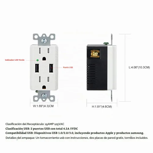 Vista 5 de LEOD 4.2A 5V Smart High Speed 2 USB Cargador de pared con 2 tipos de placas de pared libres (estándar y sin tornillos incluidos), receptáculo USB