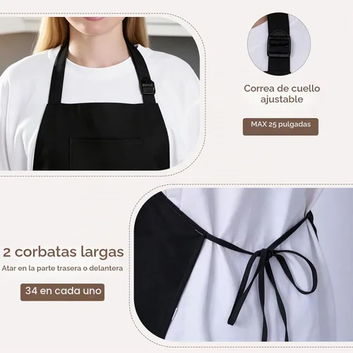 Vista 5 de Delantales de chef de algodón para hombres y mujeres, bolsillos grandes, material de lona Negro