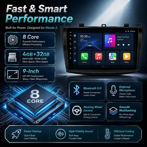 Vista 5 de Radio de coche estéreo para Mazda 3 2010-2013: pantalla táctil de 9 pulgadas con Carplay y Android Auto-GPS EQ DSP Bluetooth FM SWC Mirror Link