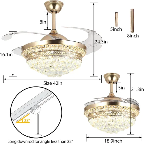 Vista 2 de Lámpara de techo invisible de 42 pulgadas con luz, ventilador de techo de cristal moderno, control remoto, 4 aspas retráctiles de ABS para Dorado