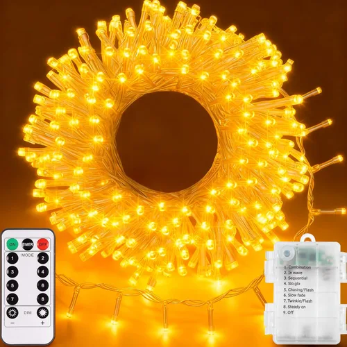 Vista 10 de Tira de 100 luces LED EchoSari, para exteriores, operadas con batería y control remoto (con capacidad de atenuación, temporizador y 8 modos), a