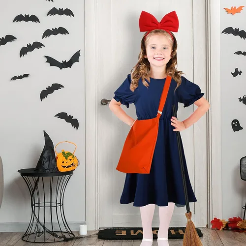 Vista 5 de Girls Witch Costume Anime Cosplay Dress with Tights Wizard Flying Broom Bag Bow Headdress for Kids Halloween Cosplay