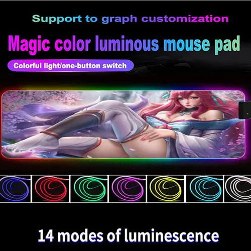 Vista 3 de Alfombrilla de mouse Anime de nueve colas, Zorro Girl Ahri XXL, Anime RGB, para ratón, tetas sexys, accesorios para juegos, laptop, teclado LED
